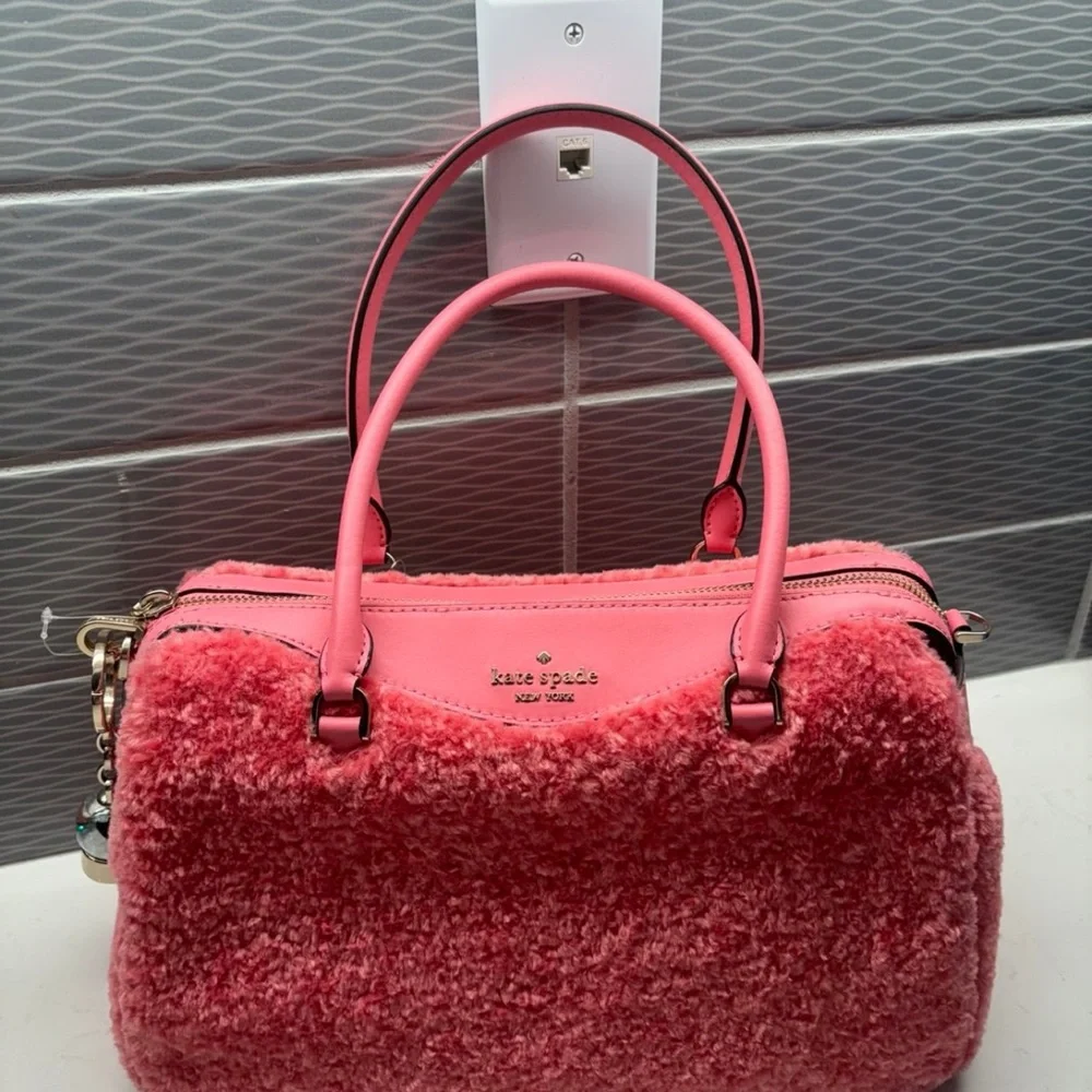 KATE SPADE Pink Faux Fur Bag with Leather Trim and Penguin Snow globe Charm